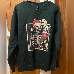 Jolly Coffee Loving Skeleton Holiday Crew Neck Gildan Sweatshirt, Dark Green